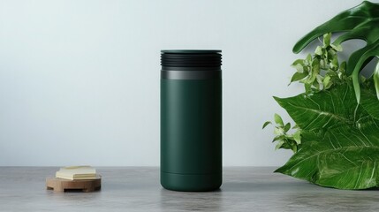 Dark green insulated tumbler sits on a gray surface next to lush green plants.  The minimalist aesthetic is calming and sophisticated.