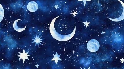 Fototapeta premium Celestial dreamscape: Watercolor painting of a night sky filled with crescent moons, stars, and planets in shades of blue.