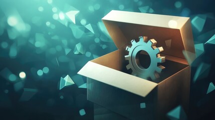 Three-Dimensional Low Poly Abstract Container with Open Flaps and Cog Wheels
