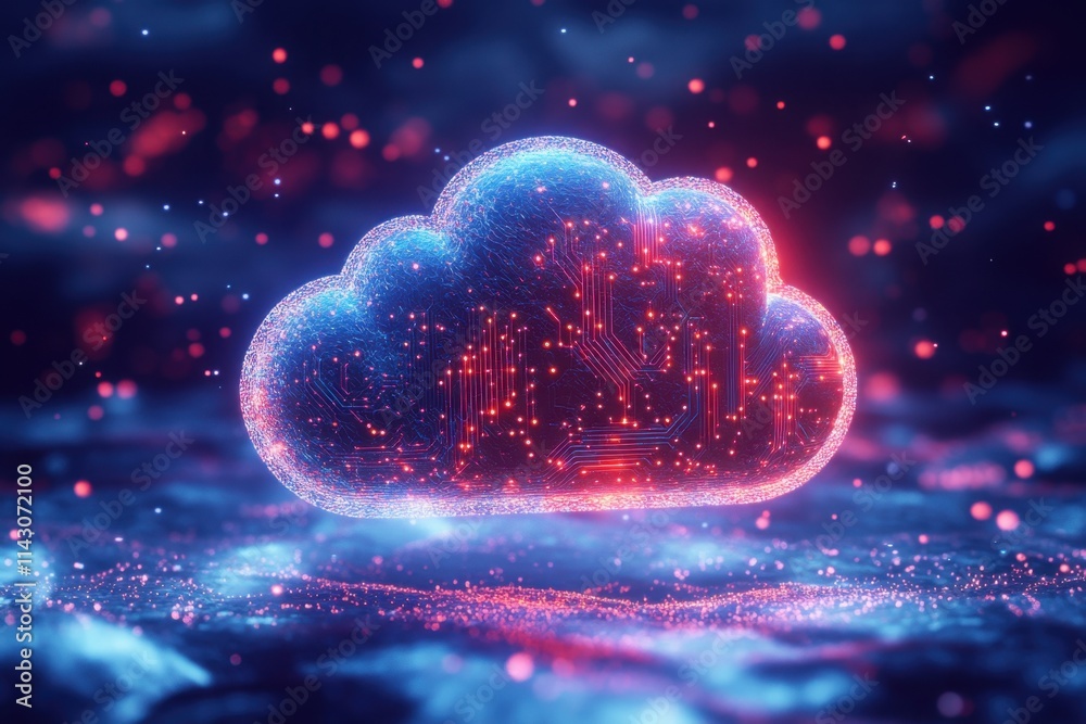 Poster a cloud icon with circuit patterns on it, symbolizing the connection between virtual and physical sy