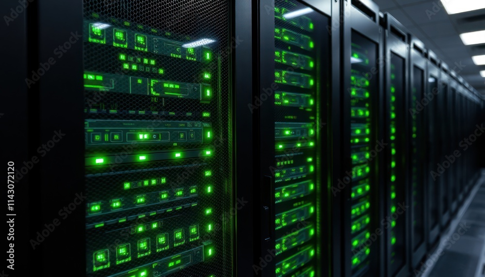 Poster close-up view of server racks with glowing green lights. modern tech equipment in data center. digit