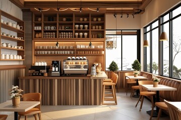 Obraz premium Cozy Cafe Interior Design Highlighting Warm Drinks and Rustic Wood Craftsmanship