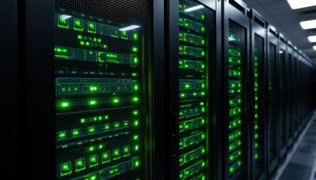 Close-up view of server racks with glowing green lights. Modern tech equipment in data center. Digital systems operate. Network hardware. Communication, data flow visualized. Tech center. High-tech