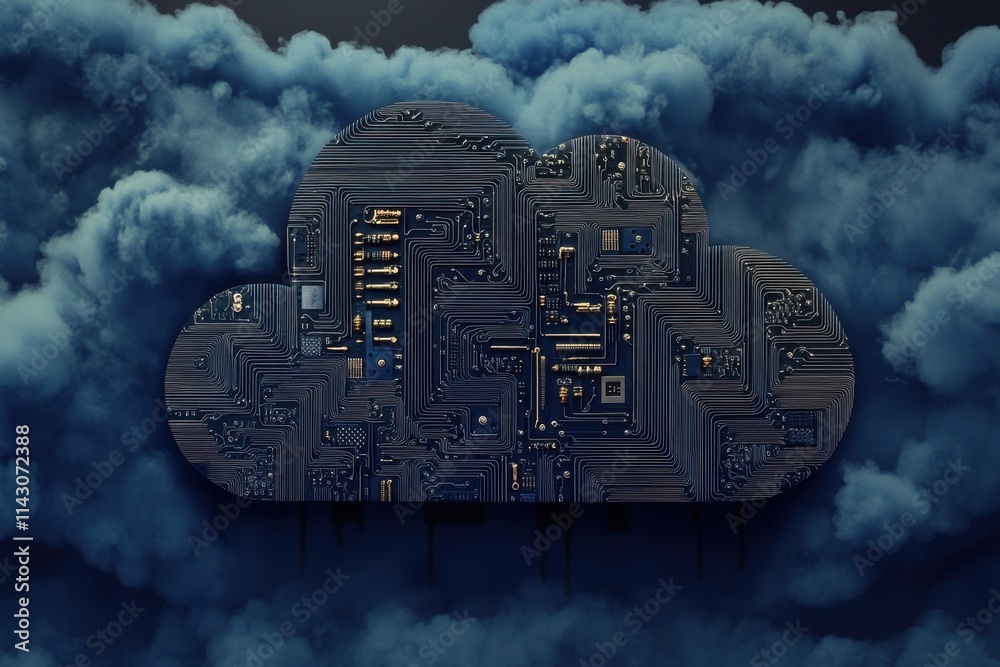Poster a cloud symbol with circuit patterns on it, representing the connection between ai and cloud-nurturi
