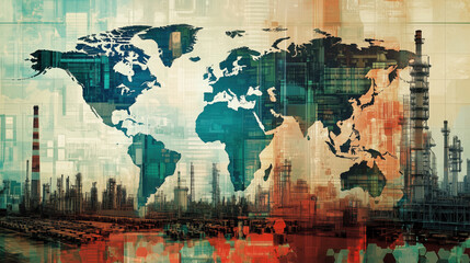 Collage of International Maps Representing the Economic Landscape: Labor Force Distribution, Export Economies, and Emerging Markets with Engaging Visuals of Factories, Farms, and Financial Centers, En
