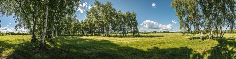 Obraz premium Lush Summer Scene: Panoramic View of White Birch Trees in a Vibrant Green Forest