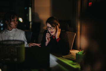 A diverse group of colleagues engaged in a late-night brainstorming session. They are focused on strategizing, discussing ideas, and meeting project deadlines in a dimly lit office setting.