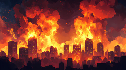 Dramatic escape from burning city in flames and brimstone, symbolizing judgement and mercy amidst apocalypse. Brimstone. Illustration