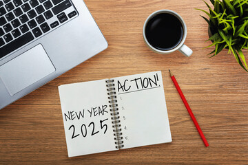 2025 Happy New Year Resolution Goal List and Plans Setting - Business office desk with notebook...