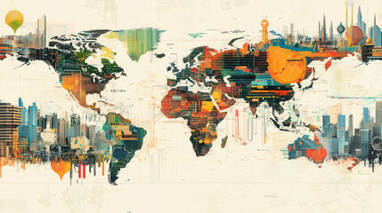 Naklejka premium Collage of World Maps Detailing GDP Contributions of Economic Sectors: Agriculture, Manufacturing, and Services with Vibrant Infographics and Futuristic Visuals for Corporate Presentations or Research