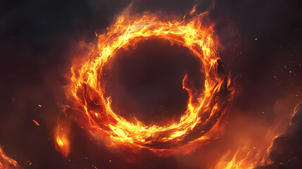 Fiery circle of flames with glowing embers and dark background. Brimstone. Illustration