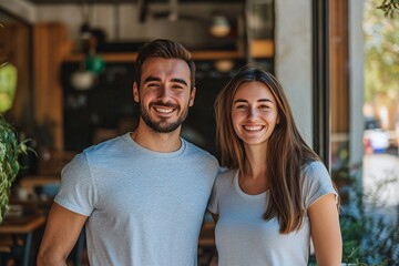 Fototapeta premium Joyful man and woman standing proudly in front of their gym and home service company, smiling confidently, casual clothing, sunny day, vibrant atmosphere, close-up 1