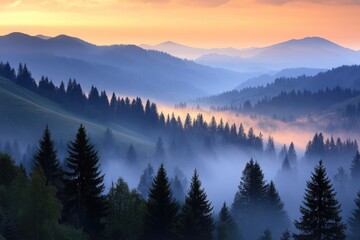 Obraz premium Misty Mountain Vista: Enchanting Landscape with Foggy Forest Hills at Dawn