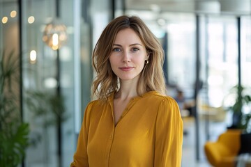Focused woman in mustard blouse working in a sleek corporate office, glass walls, contemporary furniture, natural light, busy office environment, showing professionalism and confidence 1