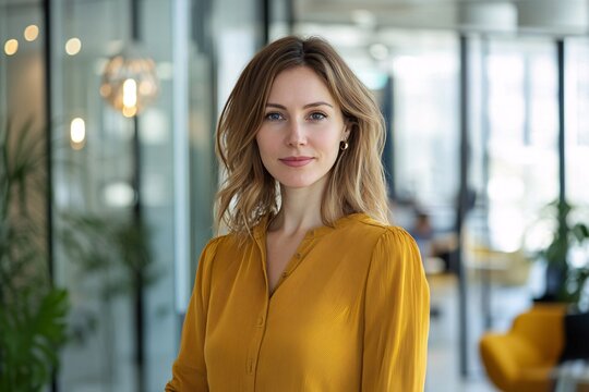Focused woman in mustard blouse working in a sleek corporate office, glass walls, contemporary furniture, natural light, busy office environment, showing professionalism and confidence 1