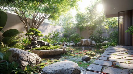 Serene garden with pond, rocks, and lush greenery.