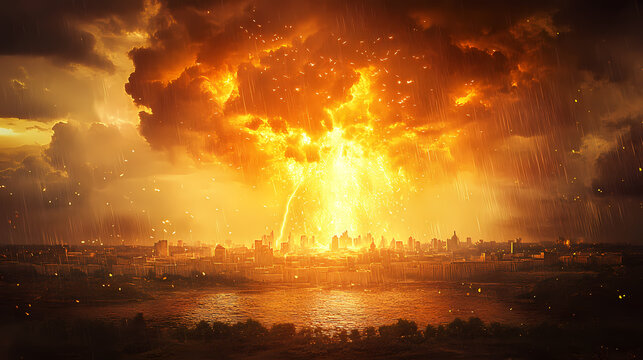 God punishes sodom and gomorrah by raining sulfur and fire from heaven, biblical story. Brimstone. Illustration