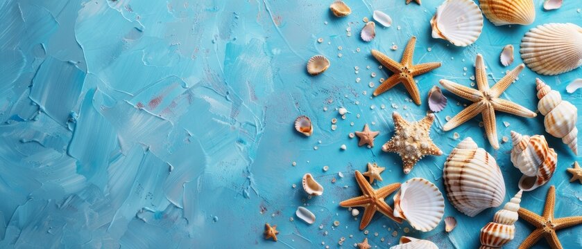 An artistic spread of seashells and starfish on a textured turquoise backdrop offers a vivid canvas for text and ads. Copy space for advertising, presentation product.