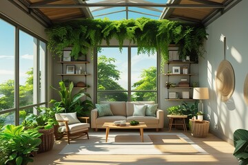 Obraz premium Tranquil Airy Loft with Vibrant Greenery and Shadow Overlay for Branding and Product Portrayal