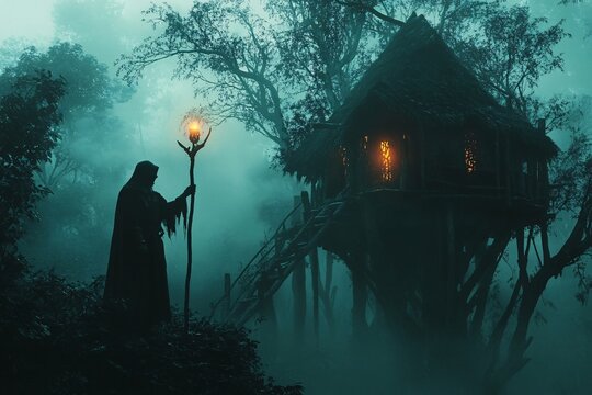 Baba Yaga witch standing side-by-side with a tree house, dark environment, holding a staff with a glowing object, ancient, mystical, surrounded by a foggy atmosphere 1