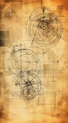 Obraz premium Detailed vintage-style mechanical blueprint featuring interlocking gears, schematics, and technical sketches on a distressed paper background. Perfect for design and engineering themes. AI generated.