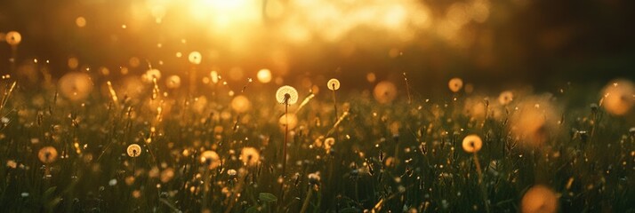 Dandelion Seeds Dancing in the Glow of Sunset - A Symbol of Freedom and Wishes in Nature's Embrace