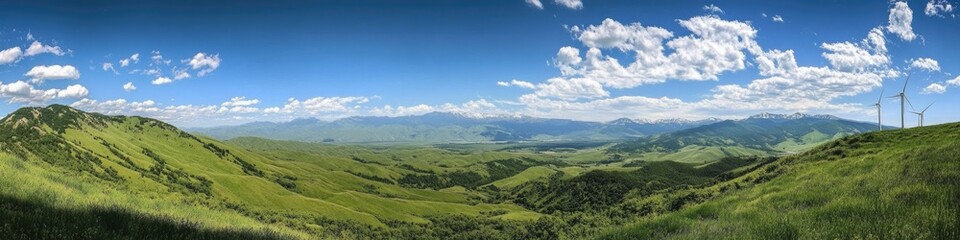 Obraz premium Majestic Wind Turbines Along Mountain Peaks: A Green Energy Landscape
