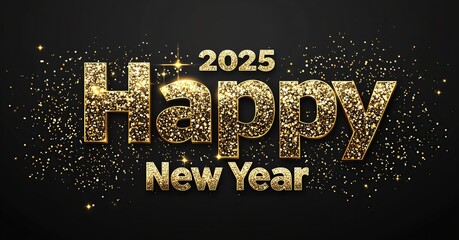 Luxurious 3D gold text "2025" and "Happy New Year" with glittering effects and golden particles on a rich black background. Perfect for premium New Year banners or invitations.