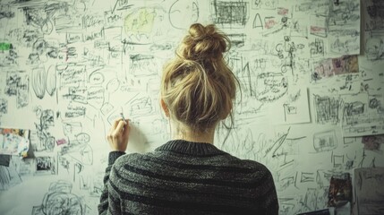 Fototapeta premium Woman sketching chaotic drawings on wall.