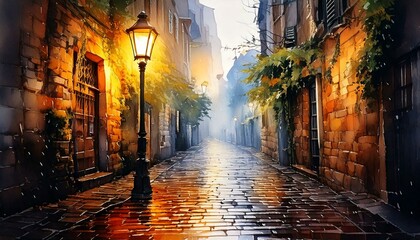 Watercolor street lamp glowing in a rainy alleyway with reflections on wet cobblestones with copy space