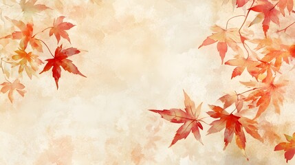 Fototapeta premium Minimalist autumn leaf fall frame with colorful watercolor maple leaves, set against a soft and warm background