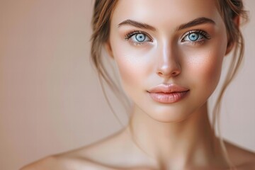 Naklejka premium A young woman with radiant, flawless skin up close against a soft pink backdrop.