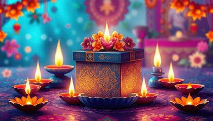 Diwali celebration scene. Decorative gift box with floral decorations and glowing lamps. Warm and vibrant colors. Festive atmosphere. Indian tradition. Cultural celebration. Holiday spirit.