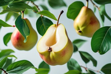 Obraz premium Vibrant Pear Halves Suspended in Air with Fresh Green Leaves