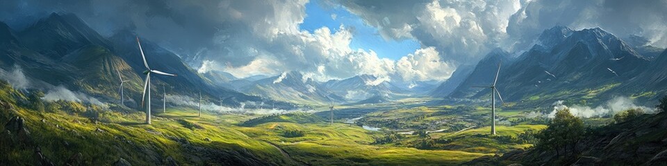 Scenic View of Wind Turbines on Majestic Mountain with Green Landscape and Renewable Energy Focus