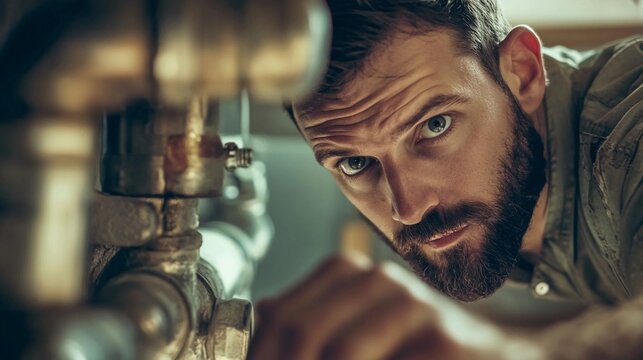 A home inspector examining the plumbing pipes under a kitchen sink, home inspection concept