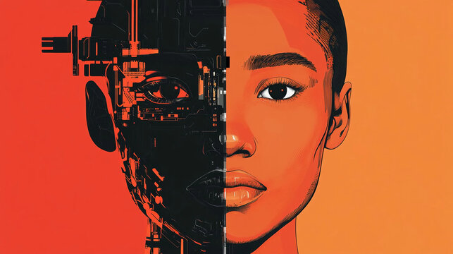 a front symmetrical portrait showing half of a human face and half robot face, representing the blend of human thought and artificial intelligence, AI technology concept