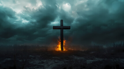 Burning wooden cross standing alone in open field, with dark clouds rolling in overhead, holy, brooding, consecration, judgement. Brimstone. Illustration