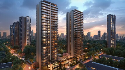 Modern residential buildings at sunset, showcasing urban architecture and landscaped surroundings.