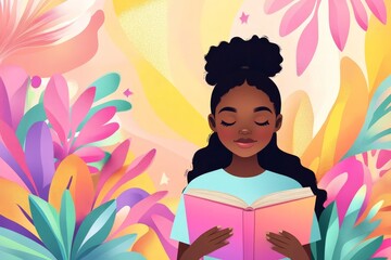 Illustration of a girl reading a book in front of a pastel-colored floral background, expressing calmness and creativity.