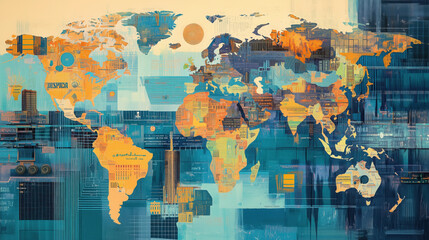 Collage of World Maps Emphasizing Economic Priorities: Natural Resource Exploitation, Technological Innovation, and Global Market Trends with Futuristic Visuals for Corporate or Academic Projects