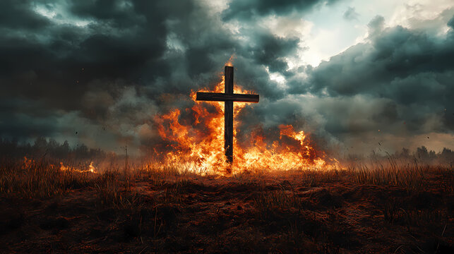 Burning wooden cross standing alone in open field, with dark clouds rolling in overhead, holy, brooding, consecration, judgement. Brimstone. Illustration