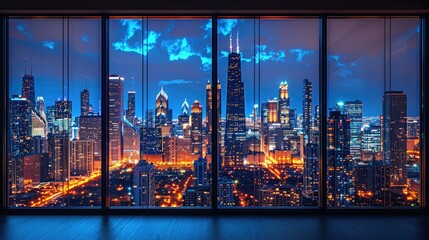 Night view of a vibrant city skyline illuminated by lights through large glass windows.
