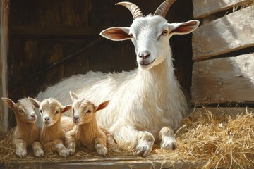 Fototapeta premium Nurturing Mother Goat with Adorable Brown Kids in Rustic Barn Setting