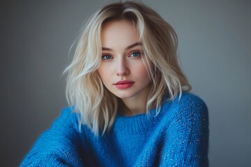 A Ukrainian blonde woman, late 20s, in a bright blue sweater adorned with small crystals, posing calmly in a studio, soft lighting, stylish elegance 1