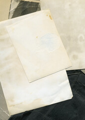 Vintage photo album with frames. Old vintage photo background. Aged and yellowed postcard.