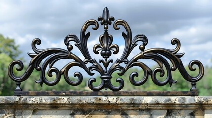 Ornate wrought iron decorative element with intricate swirling patterns and a fleur-de-lis motif.