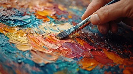 Obraz premium Close-up of a painter applying the final brush strokes to a vibrant canvas, showcasing artistic completion