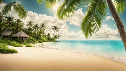 A tropical beach paradise with palm leaves. Bright sun, seashore and Tall palm trees. A summer background with a place for text.