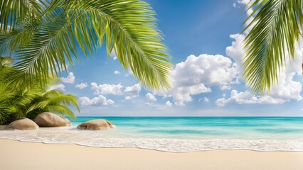 Fototapeta premium A tropical beach paradise with palm leaves. Bright sun, seashore and Tall palm trees. A summer background with a place for text.